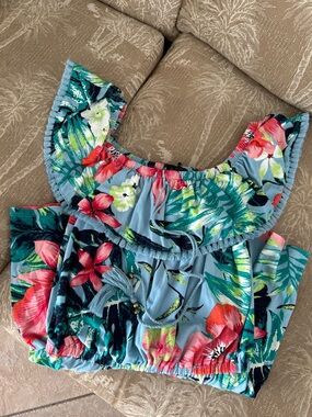 Tropical Floral Ruffle Jumpsuit in Blue